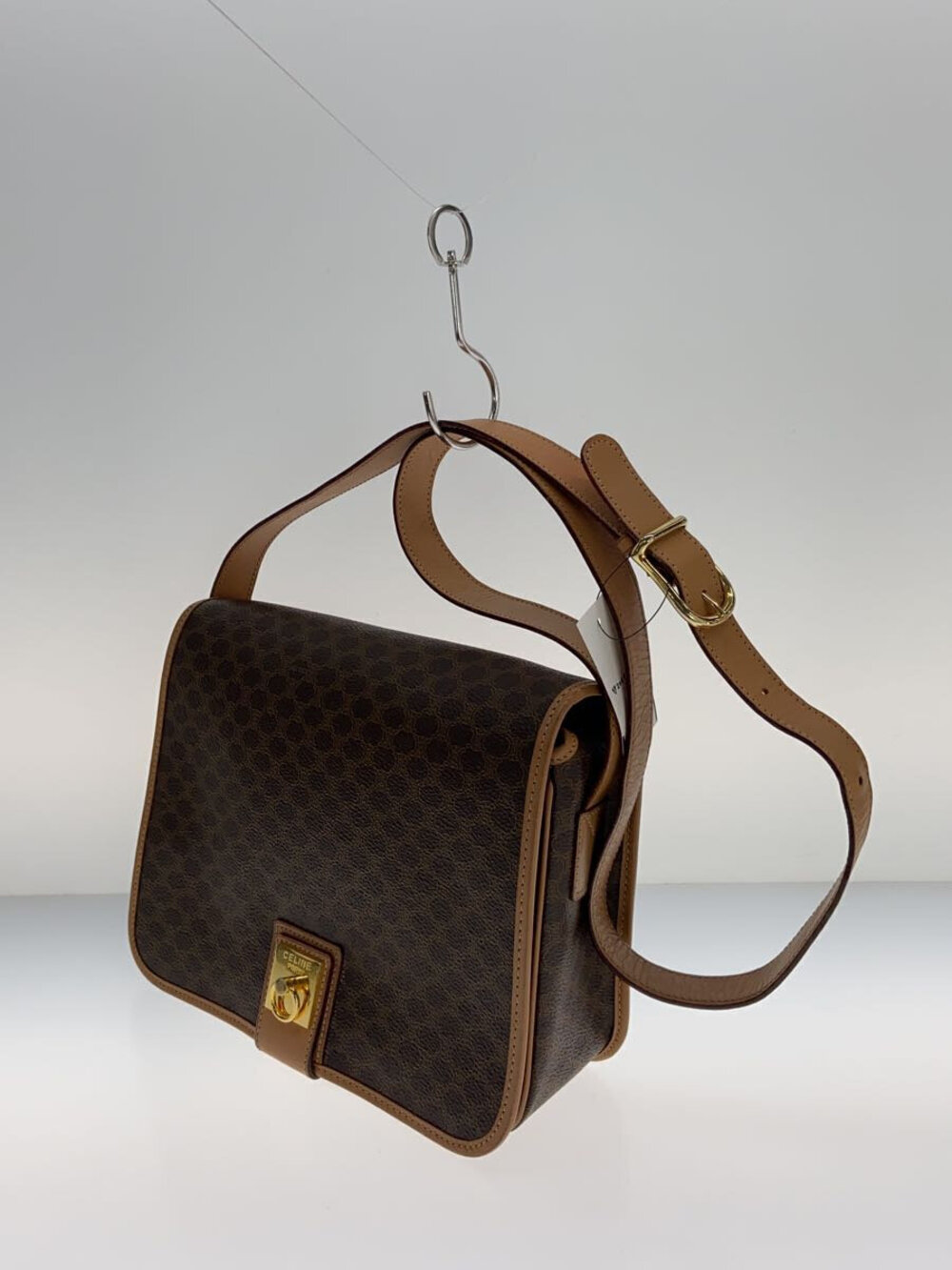 Celine Canvas x All Leather Flap Macadam over Shoulder Brown Bag Brown